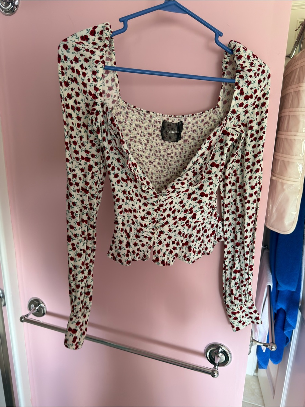 Reformation Cream Blouse with Red Floral Print and Peplum Hem